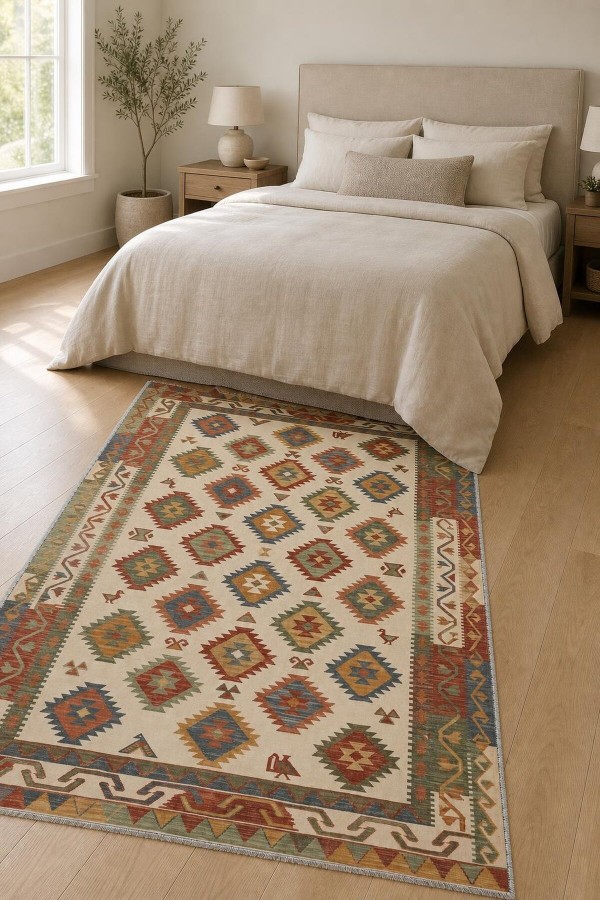 Krem Mutfak Halısı Kullanımına Uygun Bohem Geometrik Desenli Saçaklı Kilim Yolluk