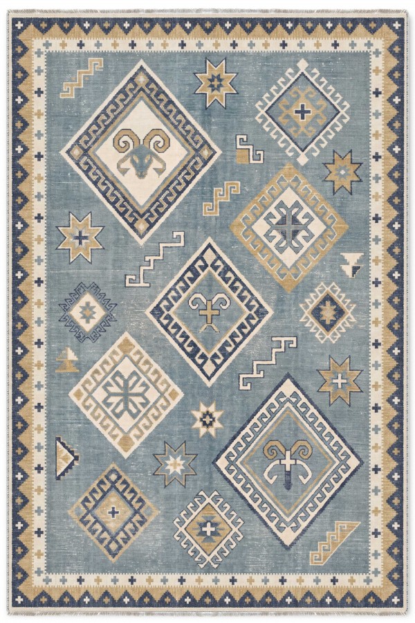 Mavi Mutfak Halısı Arayanlar İ̇̇çin Bohem Geometrik Desenli Saçaklı Kilim Yolluk