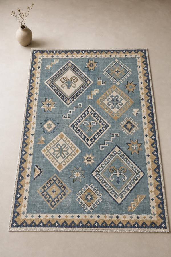 Mavi Mutfak Halısı Arayanlar İ̇̇çin Bohem Geometrik Desenli Saçaklı Kilim Yolluk