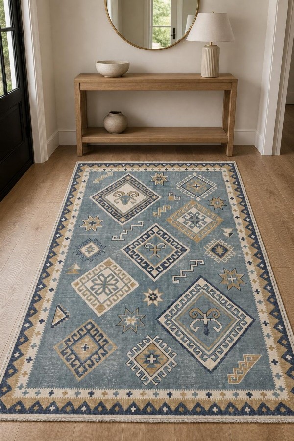 Mavi Mutfak Halısı Arayanlar İ̇̇çin Bohem Geometrik Desenli Saçaklı Kilim Yolluk