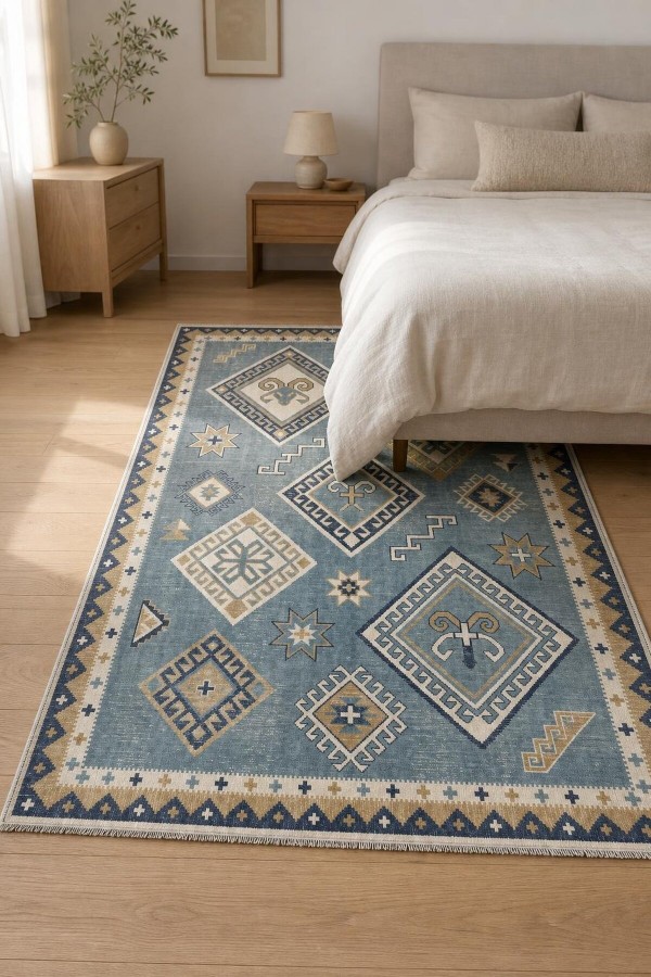 Mavi Mutfak Halısı Arayanlar İ̇̇çin Bohem Geometrik Desenli Saçaklı Kilim Yolluk