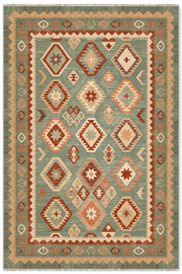 Yeşil Mutfak Halısı Alternatifi Bohem Geometrik Desenli Saçaklı Kilim Yolluk
