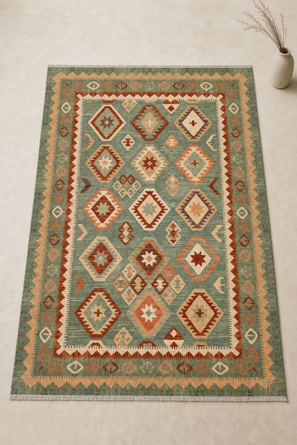 Yeşil Mutfak Halısı Alternatifi Bohem Geometrik Desenli Saçaklı Kilim Yolluk
