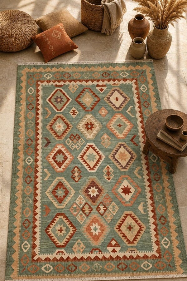 Yeşil Mutfak Halısı Alternatifi Bohem Geometrik Desenli Saçaklı Kilim Yolluk