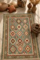 Yeşil Mutfak Halısı Alternatifi Bohem Geometrik Desenli Saçaklı Kilim Yolluk