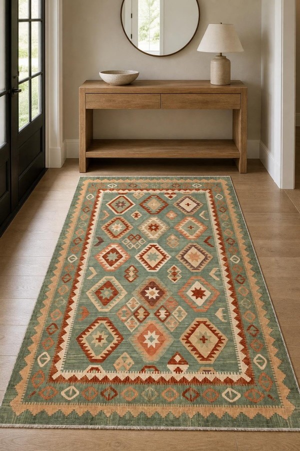 Yeşil Mutfak Halısı Alternatifi Bohem Geometrik Desenli Saçaklı Kilim Yolluk