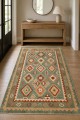 Yeşil Mutfak Halısı Alternatifi Bohem Geometrik Desenli Saçaklı Kilim Yolluk