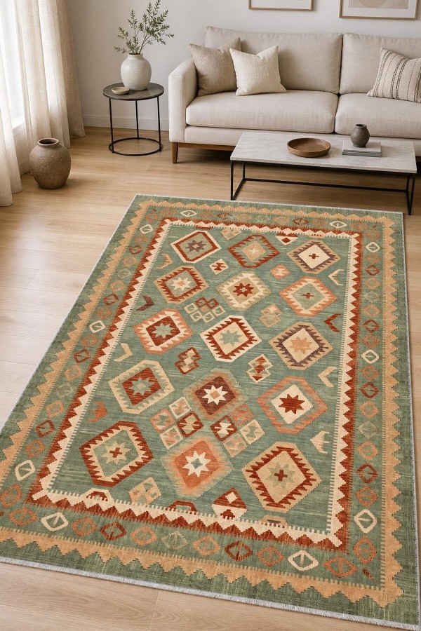 Yeşil Mutfak Halısı Alternatifi Bohem Geometrik Desenli Saçaklı Kilim Yolluk