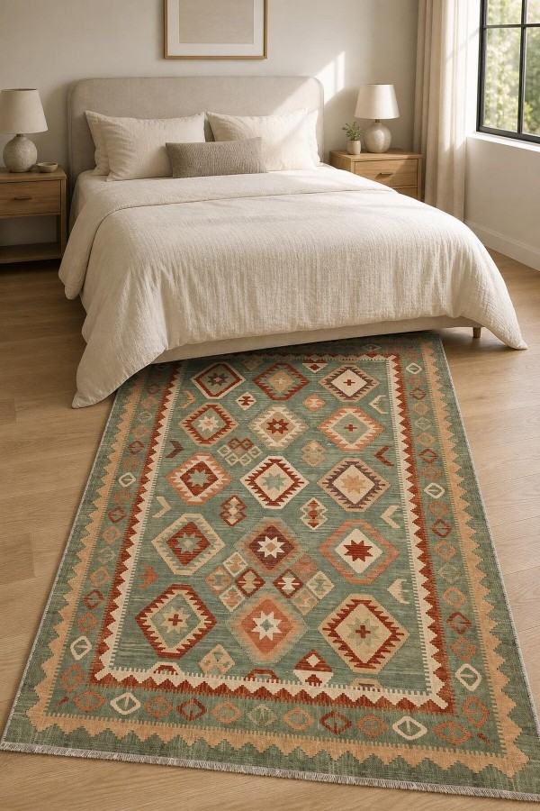 Yeşil Mutfak Halısı Alternatifi Bohem Geometrik Desenli Saçaklı Kilim Yolluk