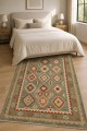 Yeşil Mutfak Halısı Alternatifi Bohem Geometrik Desenli Saçaklı Kilim Yolluk