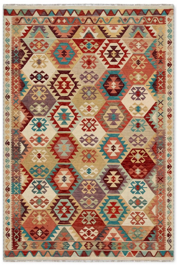 Krem Mutfak Halısı Olarak Kullanılabilen Bohem Geometrik Desenli Saçaklı Kilim Yolluk