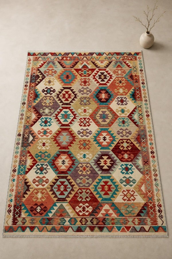 Krem Mutfak Halısı Olarak Kullanılabilen Bohem Geometrik Desenli Saçaklı Kilim Yolluk