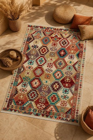 Krem Bohem Desenli Koridor Kaymaz Tabanlı Kilim Yolluk 3056
