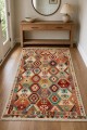 Krem Mutfak Halısı Olarak Kullanılabilen Bohem Geometrik Desenli Saçaklı Kilim Yolluk