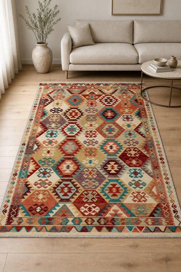 Krem Mutfak Halısı Olarak Kullanılabilen Bohem Geometrik Desenli Saçaklı Kilim Yolluk