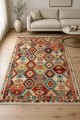 Krem Mutfak Halısı Olarak Kullanılabilen Bohem Geometrik Desenli Saçaklı Kilim Yolluk