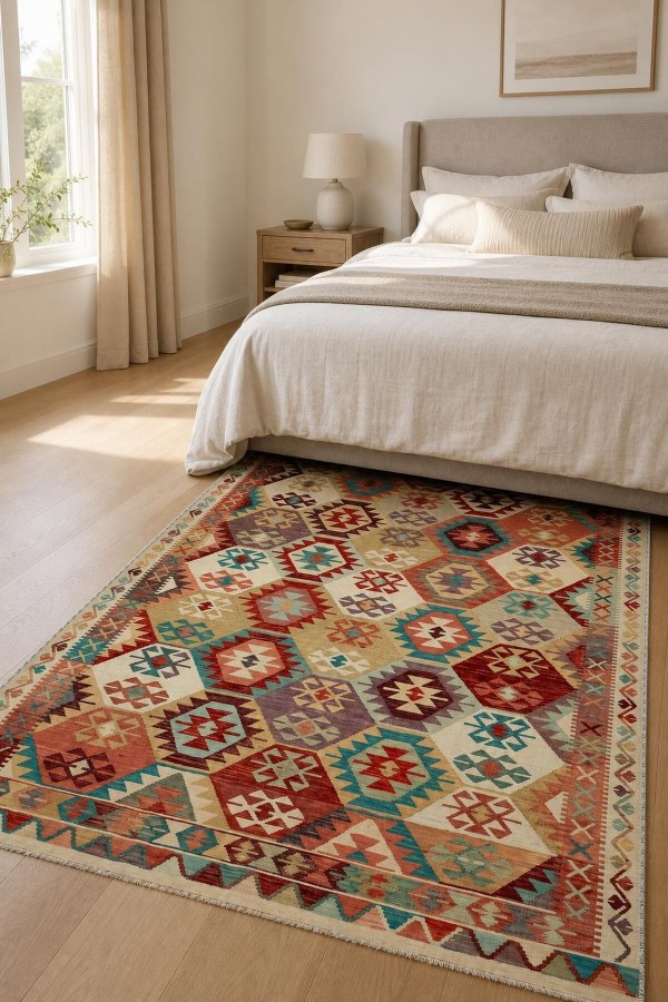 Krem Mutfak Halısı Olarak Kullanılabilen Bohem Geometrik Desenli Saçaklı Kilim Yolluk