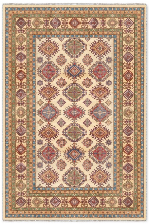 Krem Mutfak Halısı Arayanlar İ̇̇çin Bohem Desenli Saçaklı Dikdörtgen Kilim Yolluk