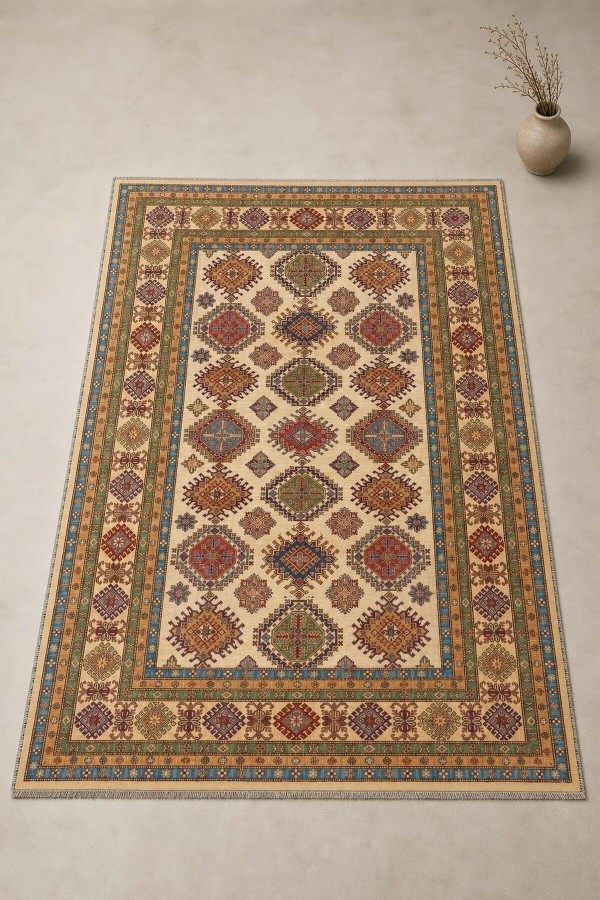 Krem Mutfak Halısı Arayanlar İ̇̇çin Bohem Desenli Saçaklı Dikdörtgen Kilim Yolluk