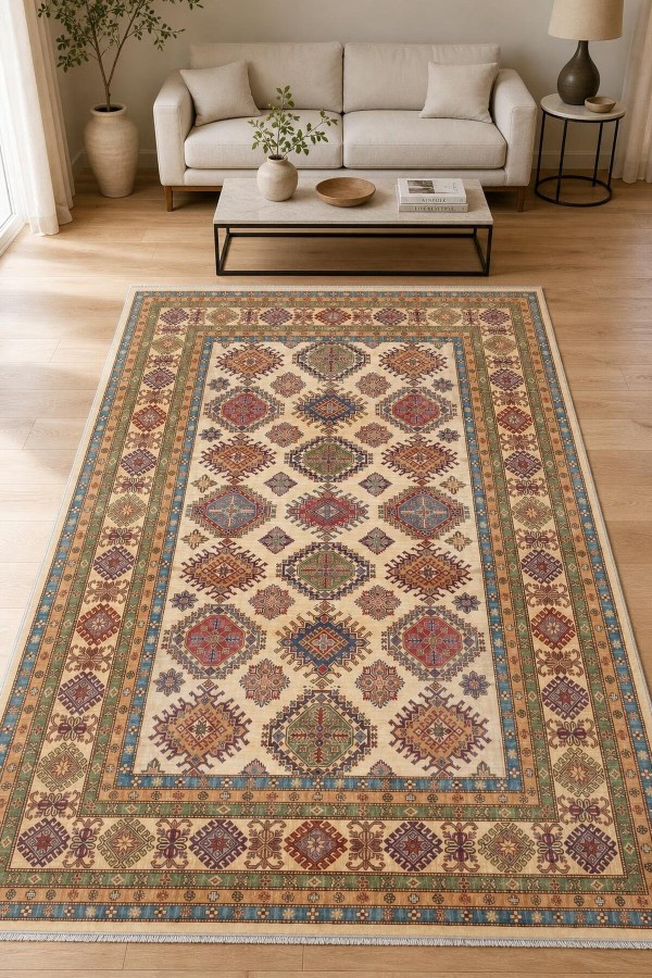 Krem Mutfak Halısı Arayanlar İ̇̇çin Bohem Desenli Saçaklı Dikdörtgen Kilim Yolluk
