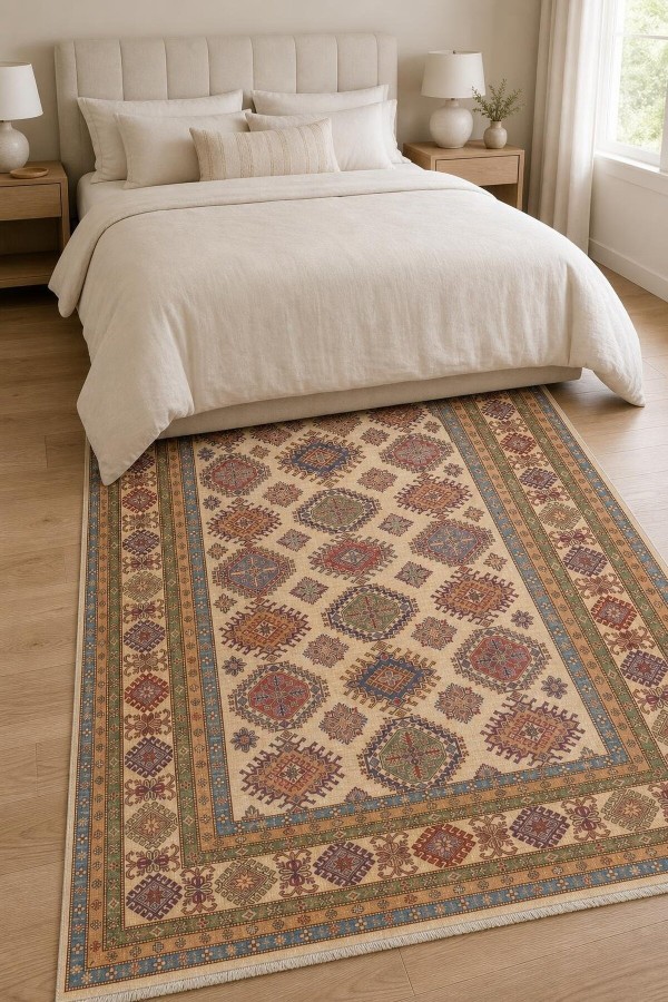 Krem Mutfak Halısı Arayanlar İ̇̇çin Bohem Desenli Saçaklı Dikdörtgen Kilim Yolluk