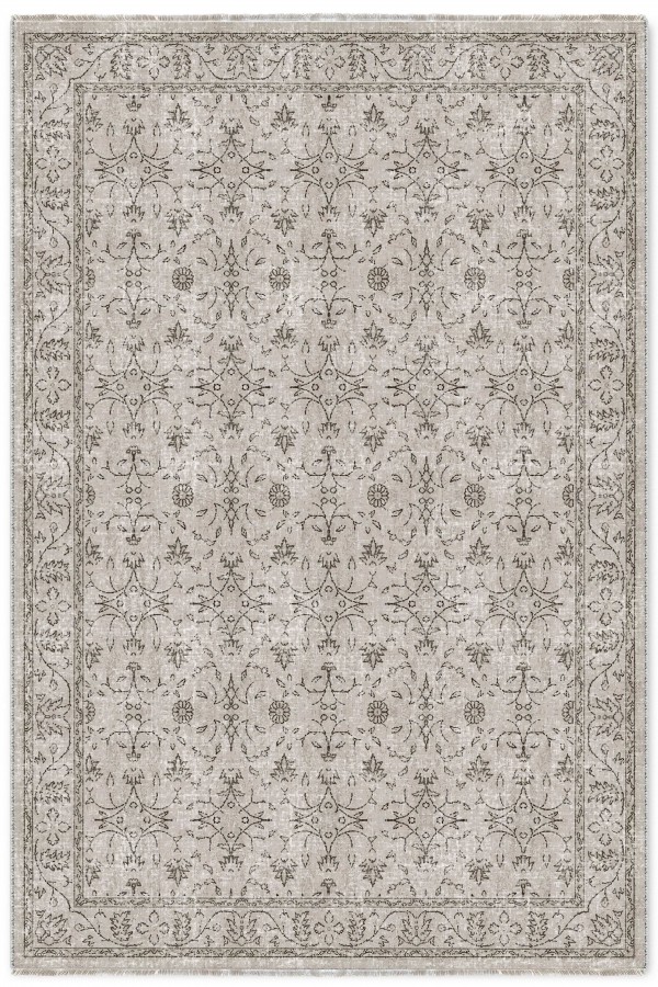 Gri Mutfak Halısı Kullanımına Uygun Bohem Çiçek Desenli Saçaklı Kilim Yolluk