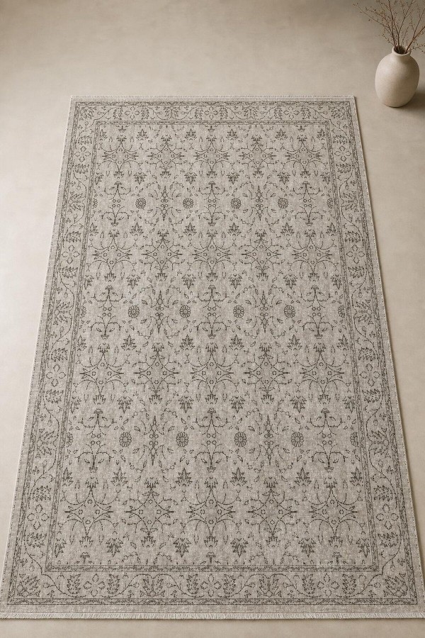 Gri Mutfak Halısı Kullanımına Uygun Bohem Çiçek Desenli Saçaklı Kilim Yolluk