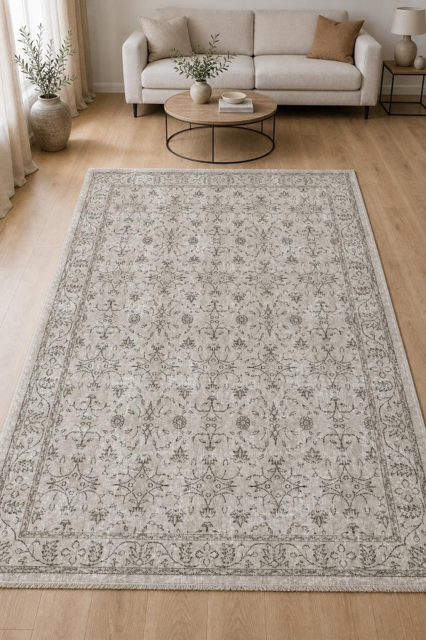 Gri Mutfak Halısı Kullanımına Uygun Bohem Çiçek Desenli Saçaklı Kilim Yolluk