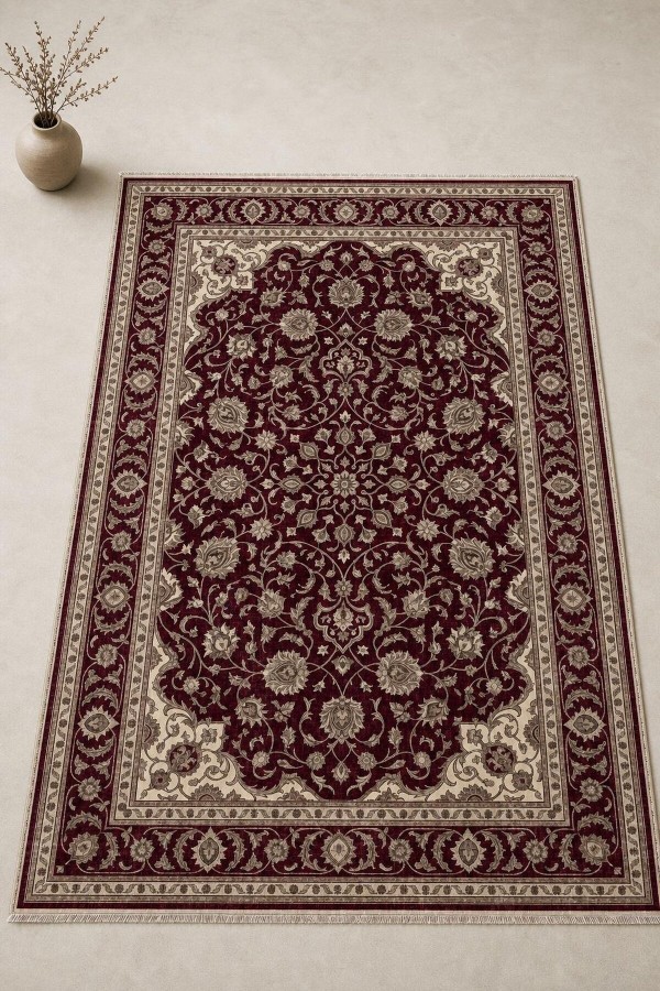 Bordo Mutfak Halısı Alternatifi Klasik Çiçek Desenli Saçaklı Kilim Yolluk