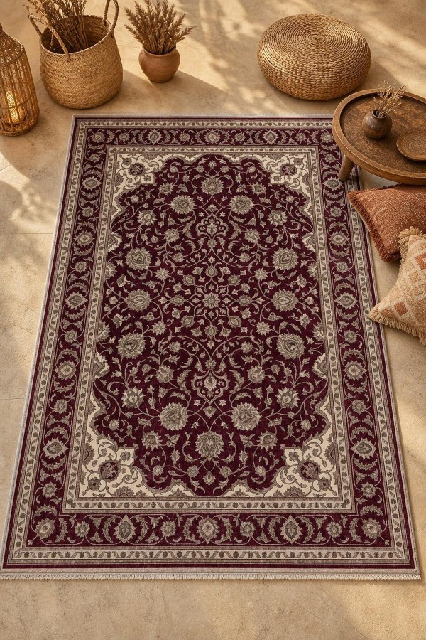 Bordo Mutfak Halısı Alternatifi Klasik Çiçek Desenli Saçaklı Kilim Yolluk