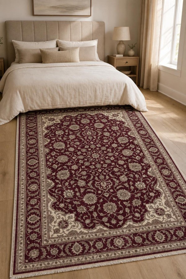 Bordo Mutfak Halısı Alternatifi Klasik Çiçek Desenli Saçaklı Kilim Yolluk