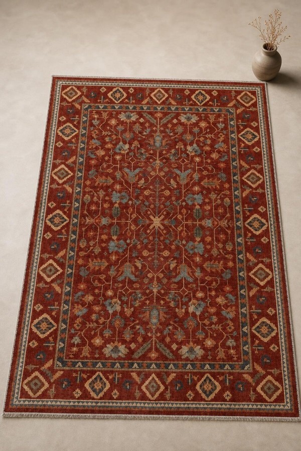 Kırmızı Mutfak Halısı Arayanlar İ̇̇çin Bohem Çiçek Desenli Saçaklı Kilim Yolluk