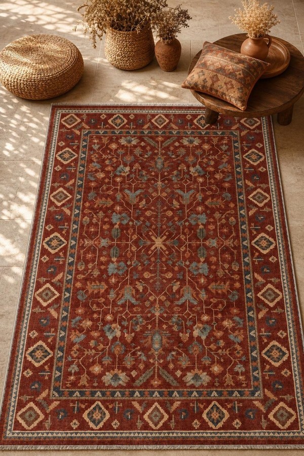 Kırmızı Mutfak Halısı Arayanlar İ̇̇çin Bohem Çiçek Desenli Saçaklı Kilim Yolluk