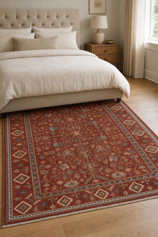Kırmızı Mutfak Halısı Arayanlar İ̇̇çin Bohem Çiçek Desenli Saçaklı Kilim Yolluk