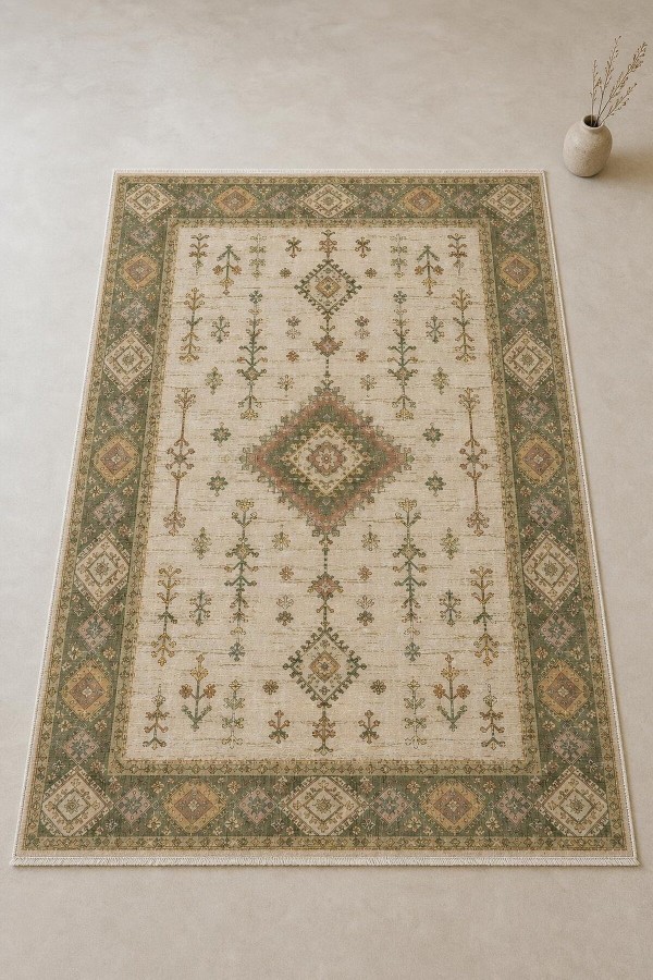 Bej Mutfak Halısı Kullanımına Uygun Bohem Çiçek Desenli Kaymaz Tabanlı Kilim Yolluk