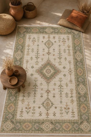 Bej Bohem Çiçek Desenli Koridor Kilim Yolluk Halı 3062