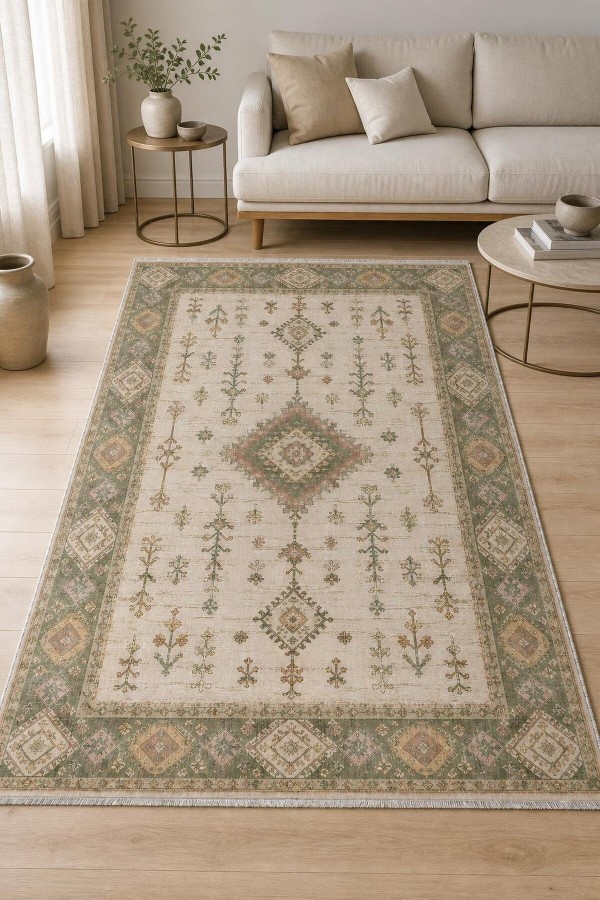 Bej Mutfak Halısı Kullanımına Uygun Bohem Çiçek Desenli Kaymaz Tabanlı Kilim Yolluk
