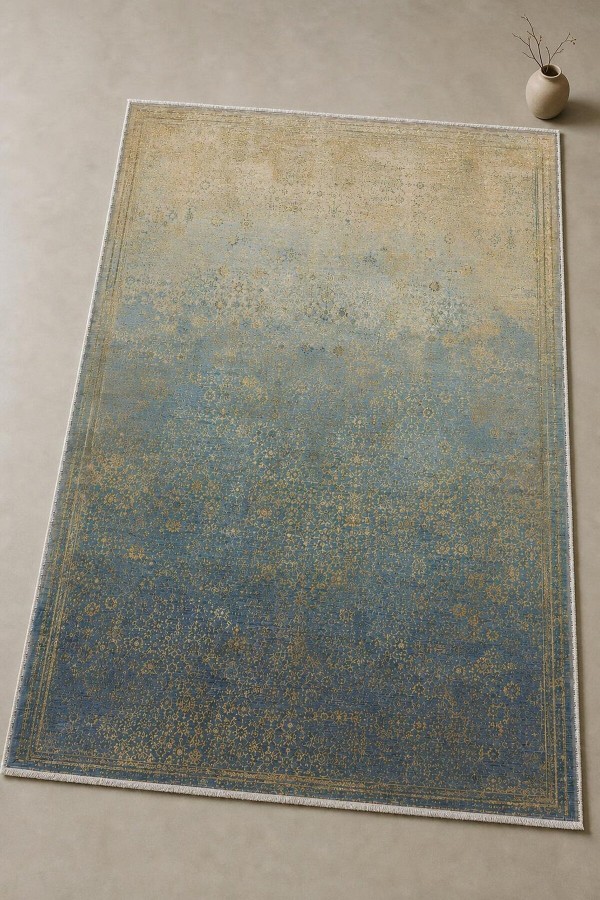 Mavi Mutfak Halısı Alternatifi Bohem Desenli Saçaklı Dikdörtgen Kilim Yolluk