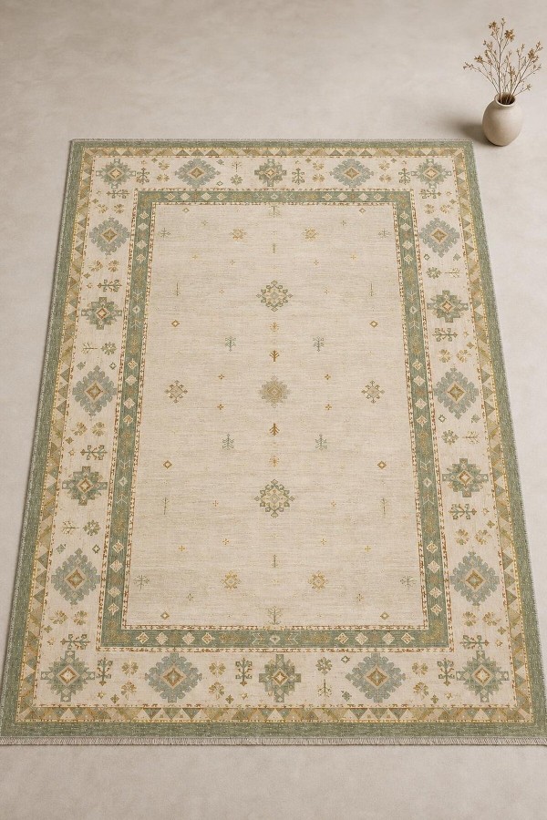 Bej Mutfak Halısı Kullanımına Uygun Bohem Desenli Saçaklı Kilim Yolluk