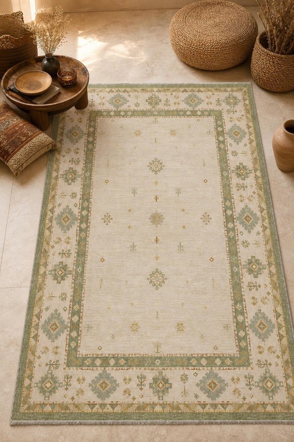 Bej Mutfak Halısı Kullanımına Uygun Bohem Desenli Saçaklı Kilim Yolluk