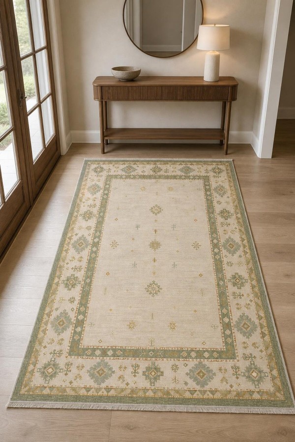 Bej Mutfak Halısı Kullanımına Uygun Bohem Desenli Saçaklı Kilim Yolluk