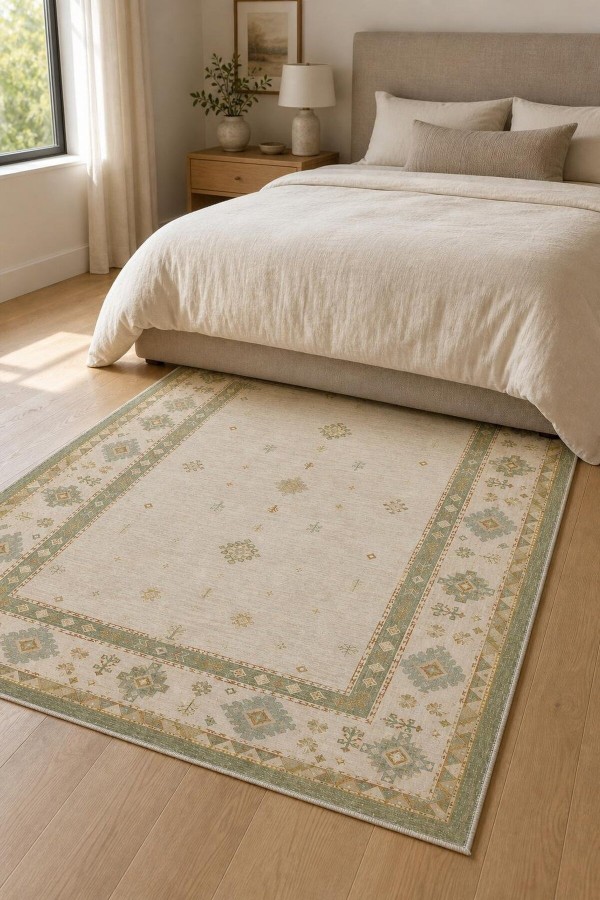Bej Mutfak Halısı Kullanımına Uygun Bohem Desenli Saçaklı Kilim Yolluk