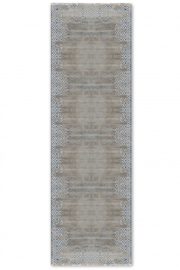 Gri Mutfak Halısı Kullanımına Uygun Geometrik Desenli Saçaklı Kilim Yolluk
