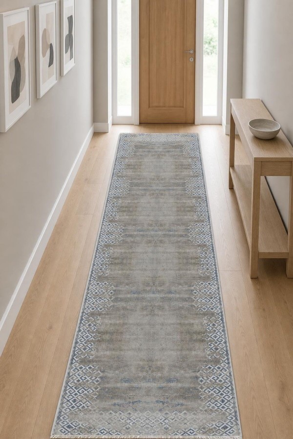 Gri Mutfak Halısı Kullanımına Uygun Geometrik Desenli Saçaklı Kilim Yolluk