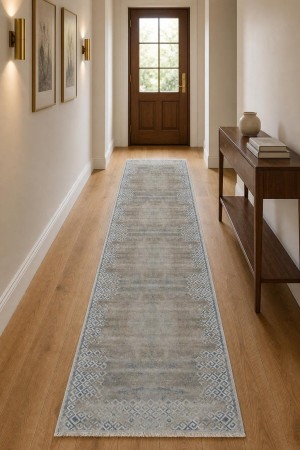 Gri Klasik Desenli Koridor Kilim Yolluk Saçaklı Halı KY22061