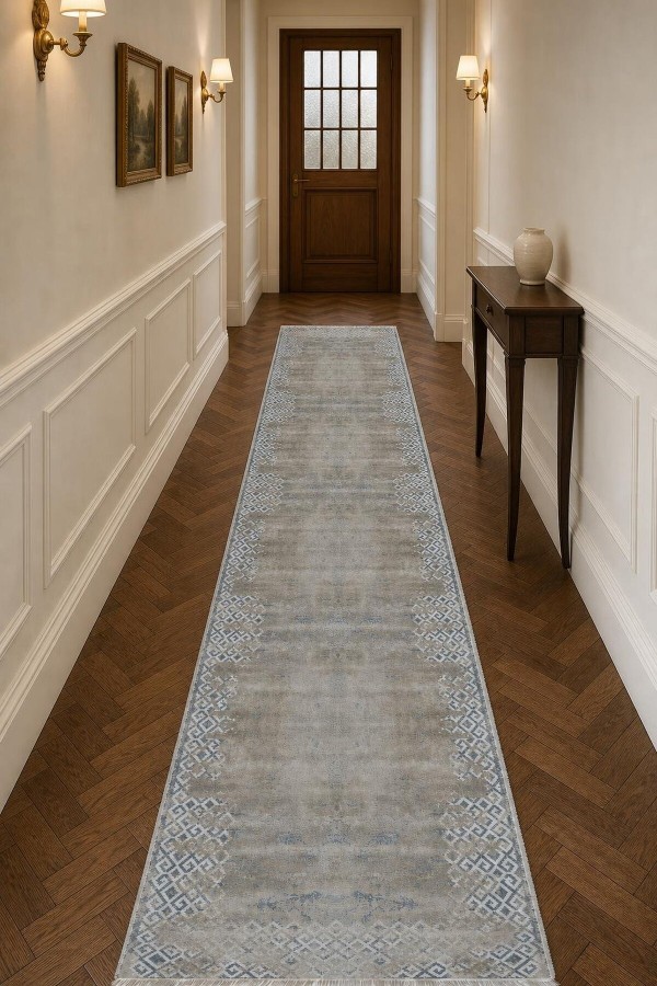 Gri Mutfak Halısı Kullanımına Uygun Geometrik Desenli Saçaklı Kilim Yolluk