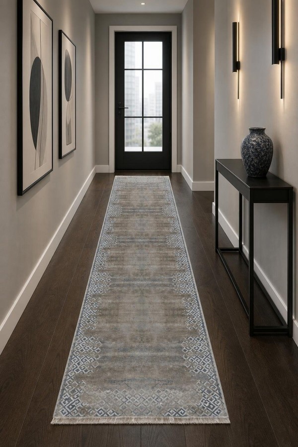 Gri Mutfak Halısı Kullanımına Uygun Geometrik Desenli Saçaklı Kilim Yolluk