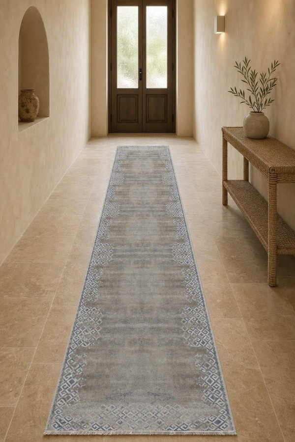 Gri Mutfak Halısı Kullanımına Uygun Geometrik Desenli Saçaklı Kilim Yolluk
