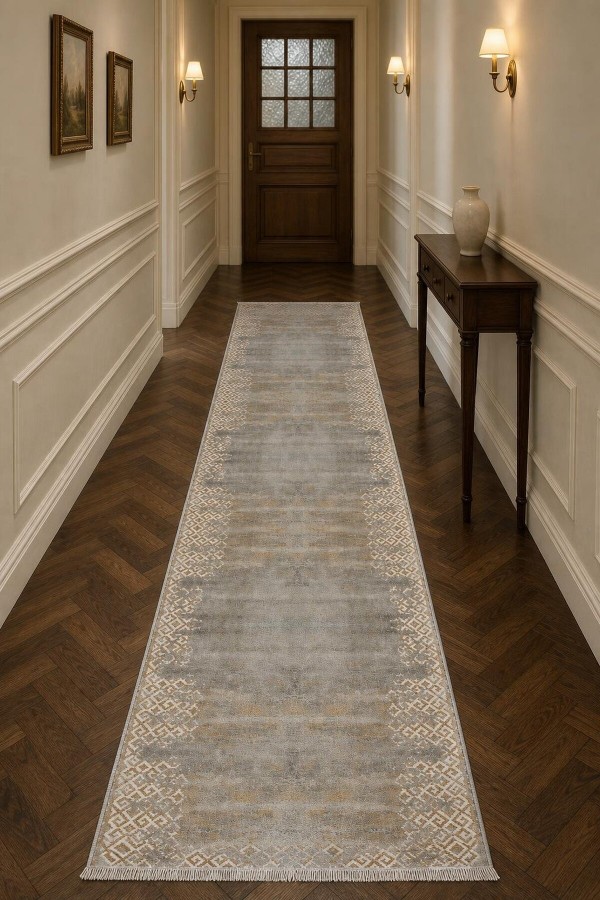 Gri Mutfak Halısı Uyumlu Klasik Geometrik Desenli Saçaklı Kilim Yolluk