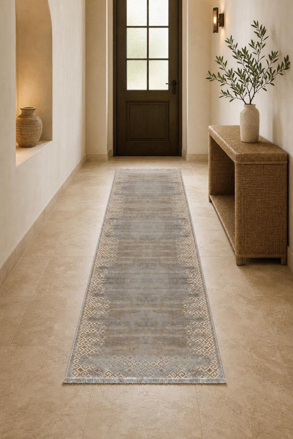 Gri Mutfak Halısı Uyumlu Klasik Geometrik Desenli Saçaklı Kilim Yolluk